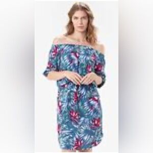 LOLE Sz L Jamie Tropical Off-Shoulder Dress or Swim Cover-Up Over the Knee NEW